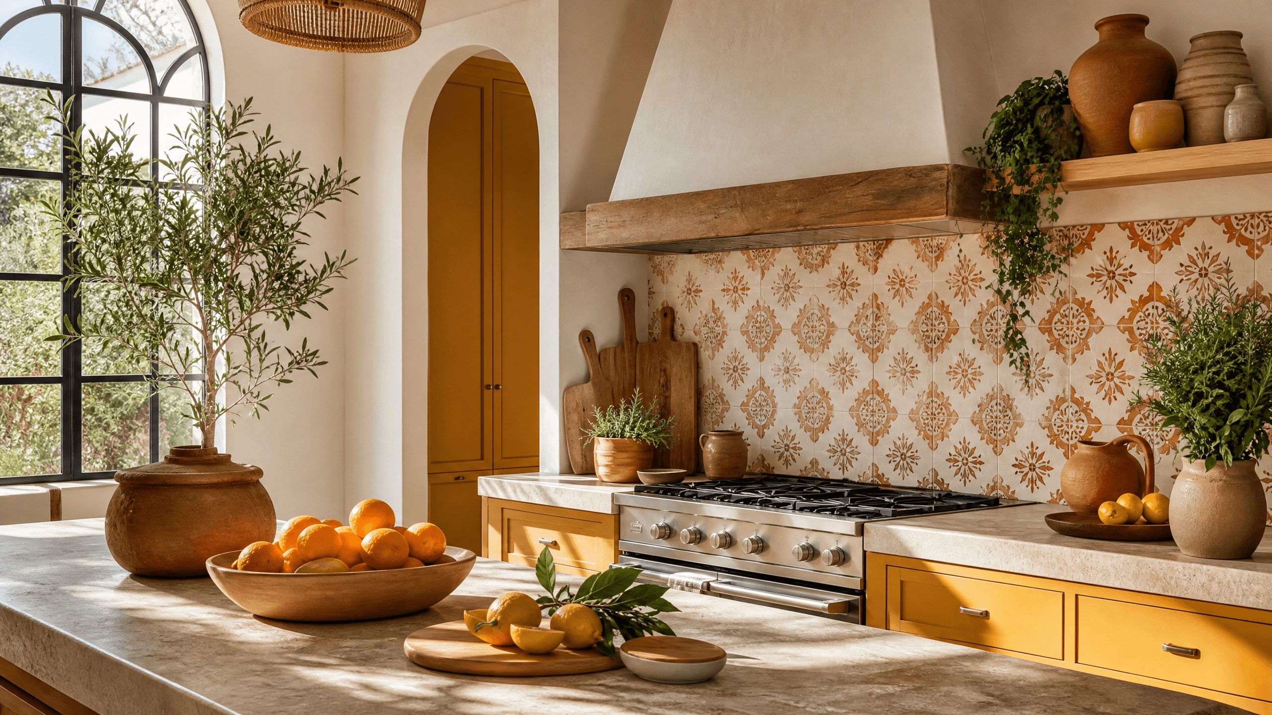 Cozinha com detalhes em amarelo mostarda e terracota — cores quentes estimulam apetite e energia