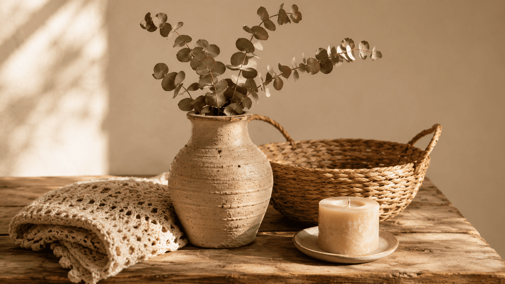 Composição de peças artesanais sobre mesa de madeira — vaso de cerâmica, cesto de palha e manta de crochê em decoração aconchegante