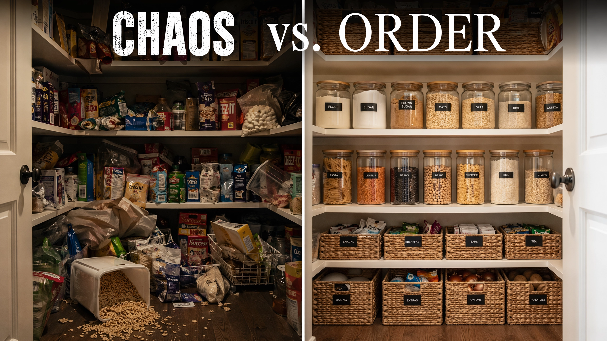 Comparação despensa bagunçada e despensa organizada antes e depois