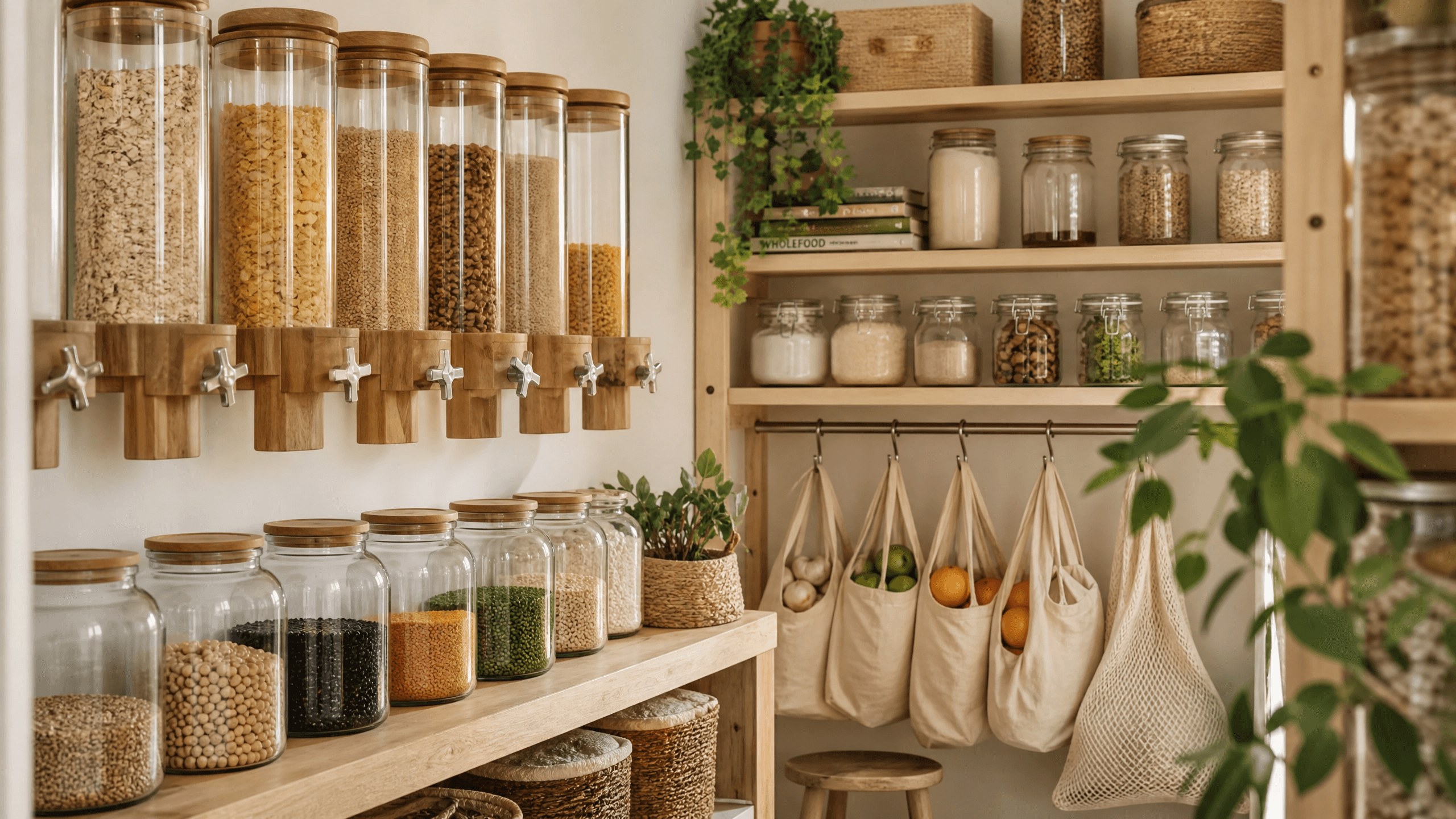 Despensa organizada com produtos naturais e sustentáveis