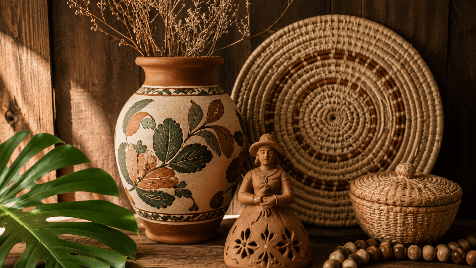 Close de composição decorativa Brazilcore com cerâmica artesanal, cestaria de buriti e folha tropical