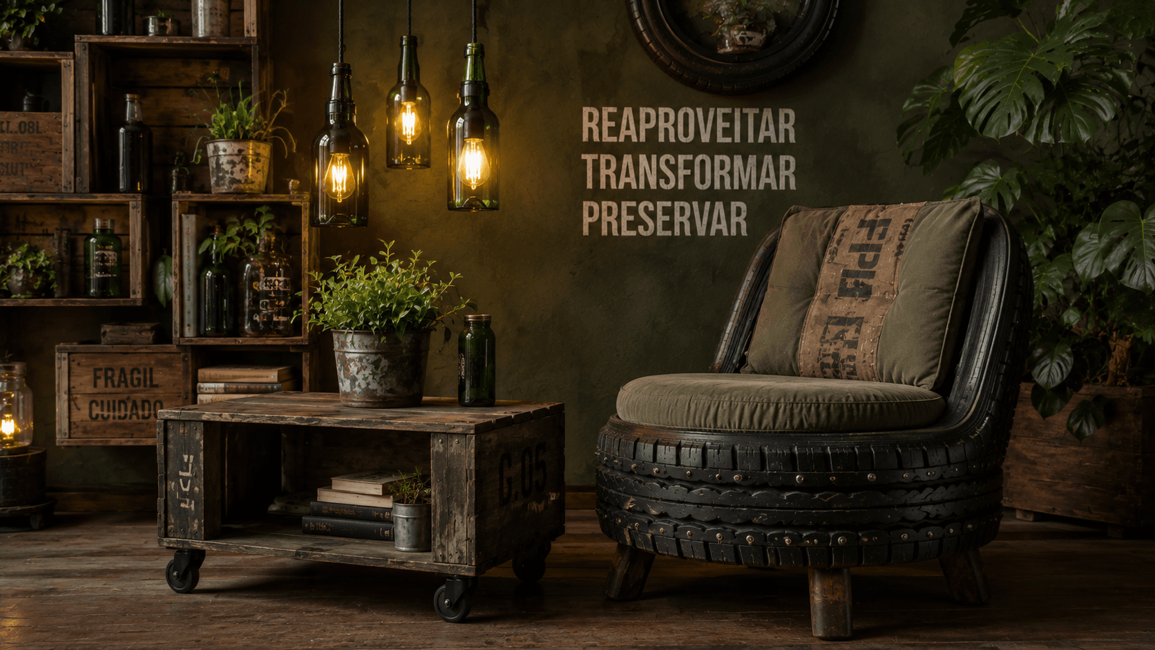 Ecopunk na Decoração: Sustentabilidade Radical para Transformar sua Casa em 2026 Detalhe de upcycling criativo na decoração Ecopunk: móveis e objetos feitos de materiais reaproveitados com identidade visual única