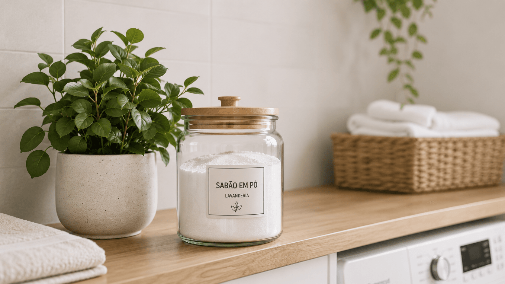 Detalhe decorativo na lavanderia com planta, dispenser e difusor de aromas