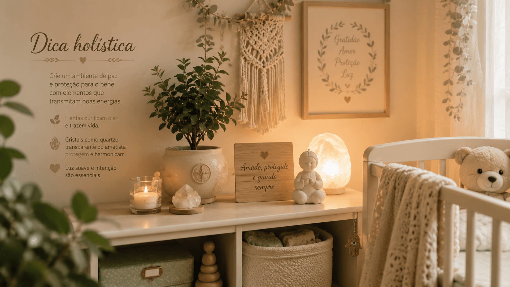 Organização do Armário do Bebê: Guia Completo Antes e Depois do Chá de Bebê Cantinho holístico do quarto do bebê com planta, cristal e luz suave