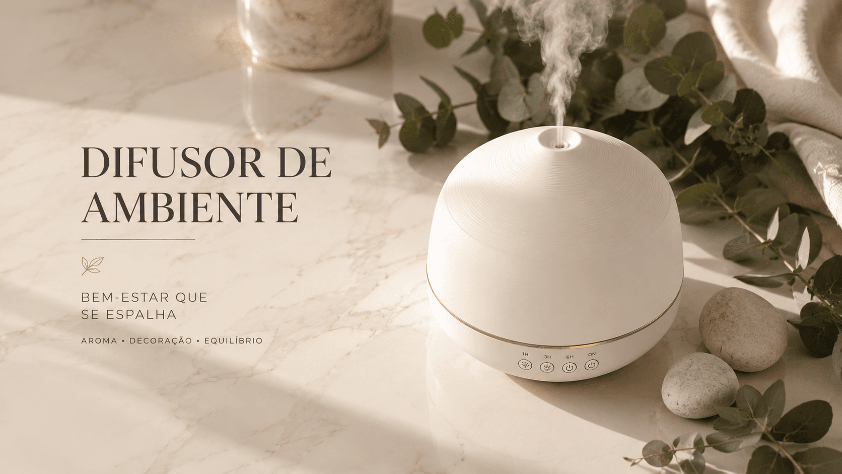 Difusor ultrassônico sobre bancada decorada com névoa suave, galhos de eucalipto e pedras naturais