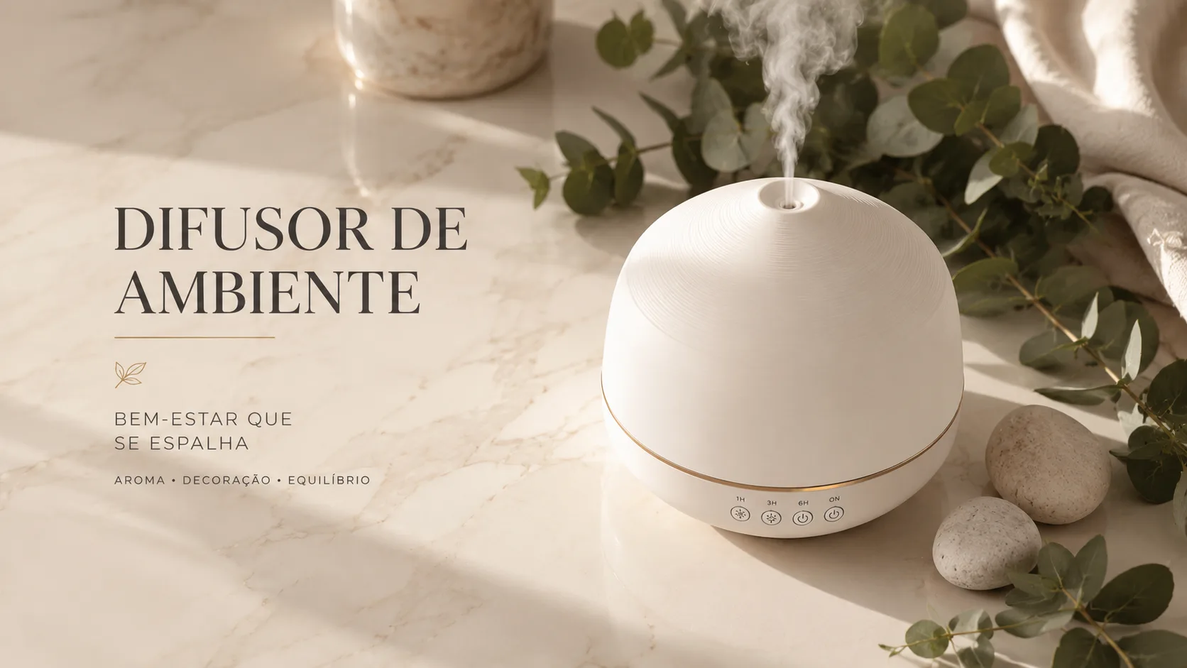 Difusor ultrassônico sobre bancada decorada com névoa suave, galhos de eucalipto e pedras naturais