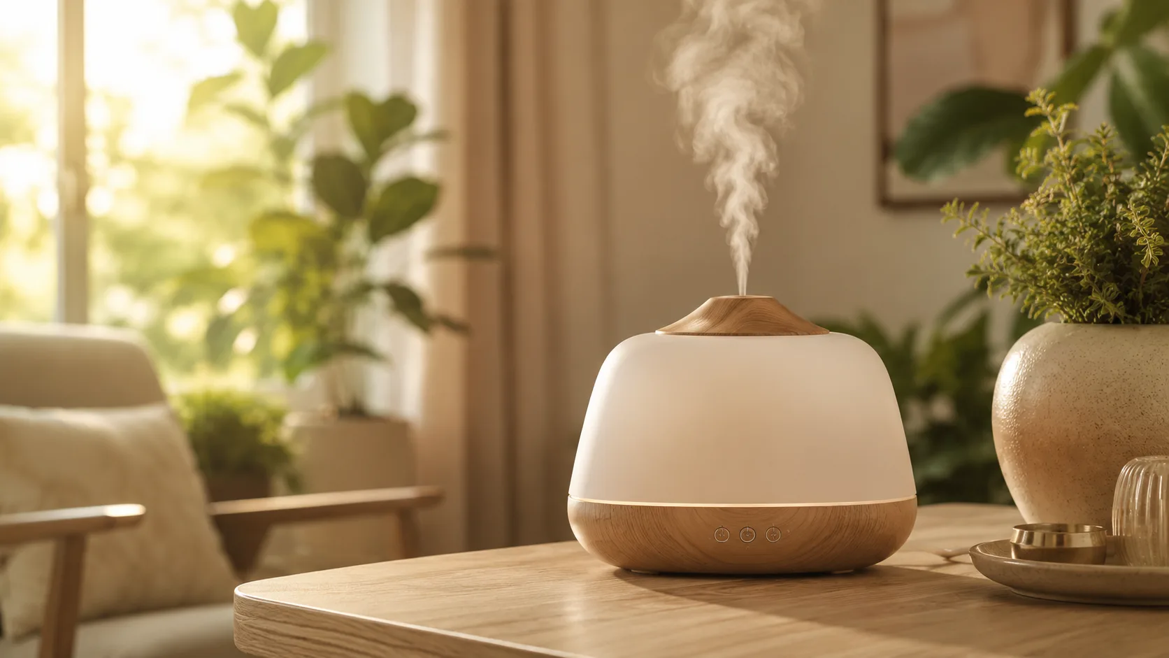 Ambiente decorado elegante com difusor de aroma em funcionamento, luz natural dourada e plantas ao fundo