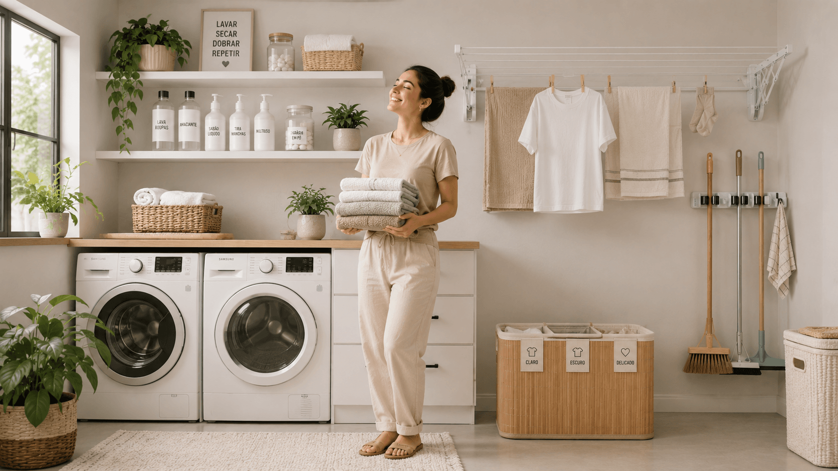 Mulher satisfeita com lavanderia organizada e bem decorada