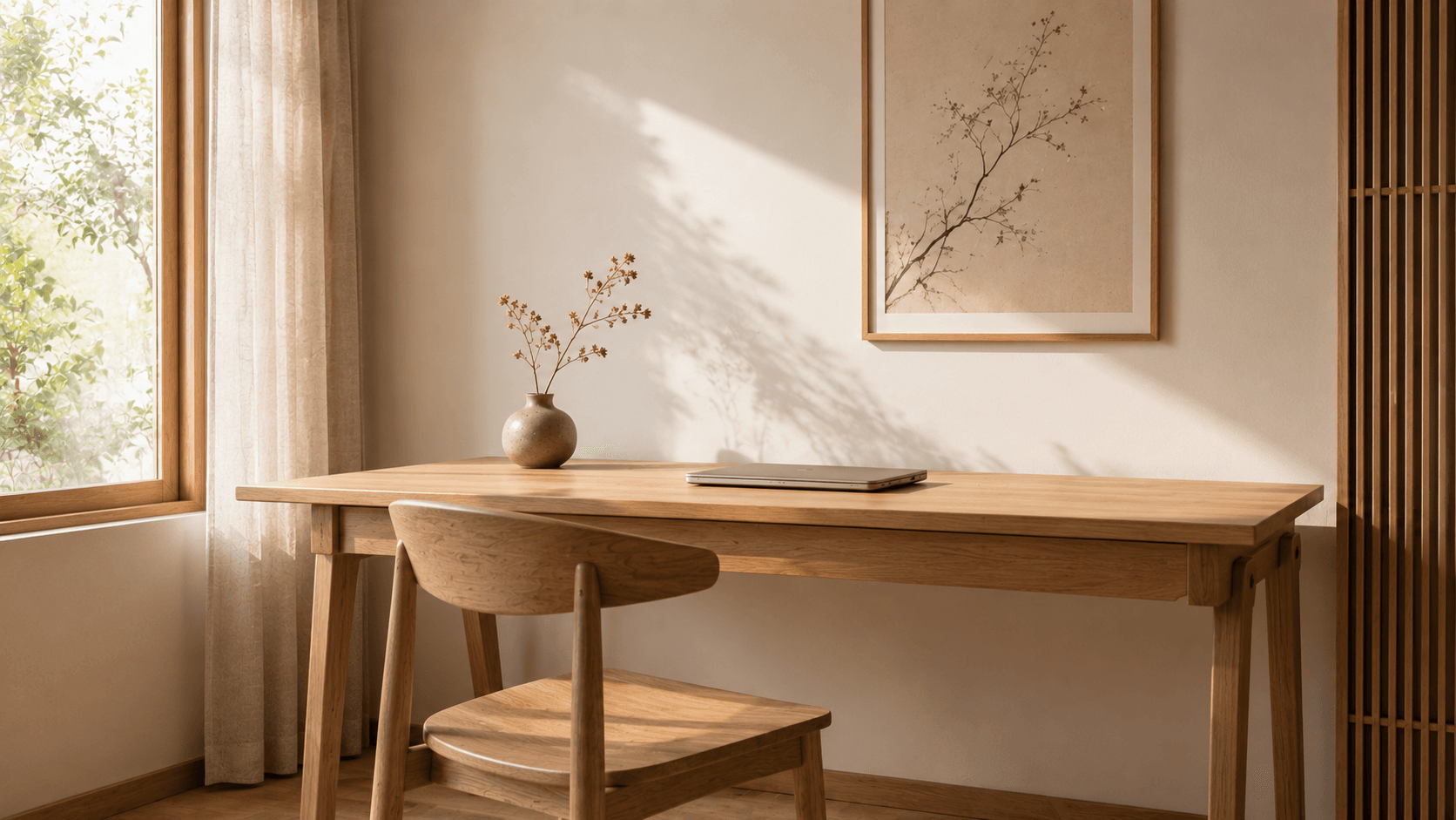 Decoração Japandi: o estilo que une minimalismo, aconchego e bem-estar Home office minimalista no estilo Japandi com mesa de madeira clara, vaso de planta pequeno e luz natural de janela lateral