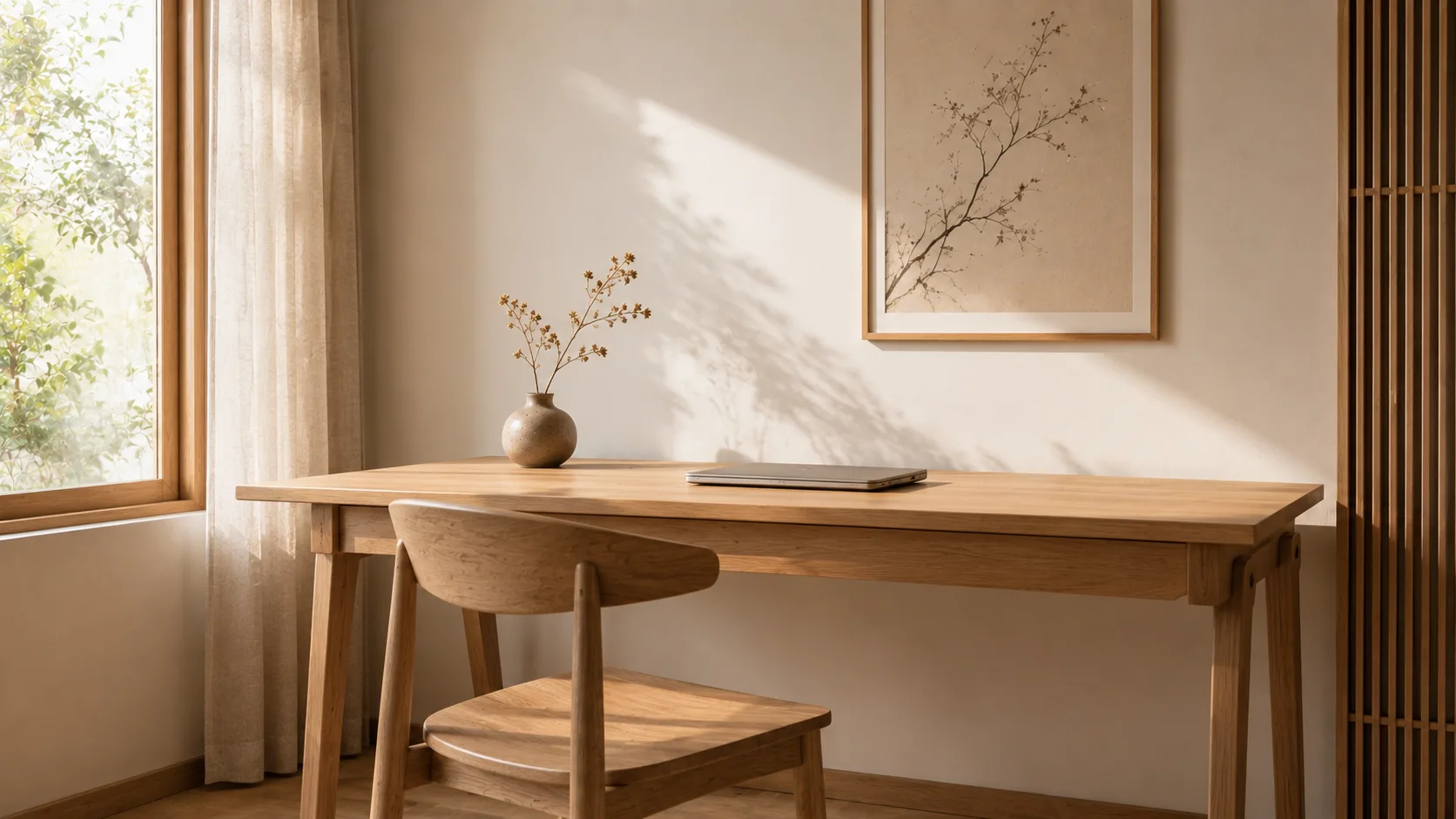 Home office minimalista no estilo Japandi com mesa de madeira clara, vaso de planta pequeno e luz natural de janela lateral