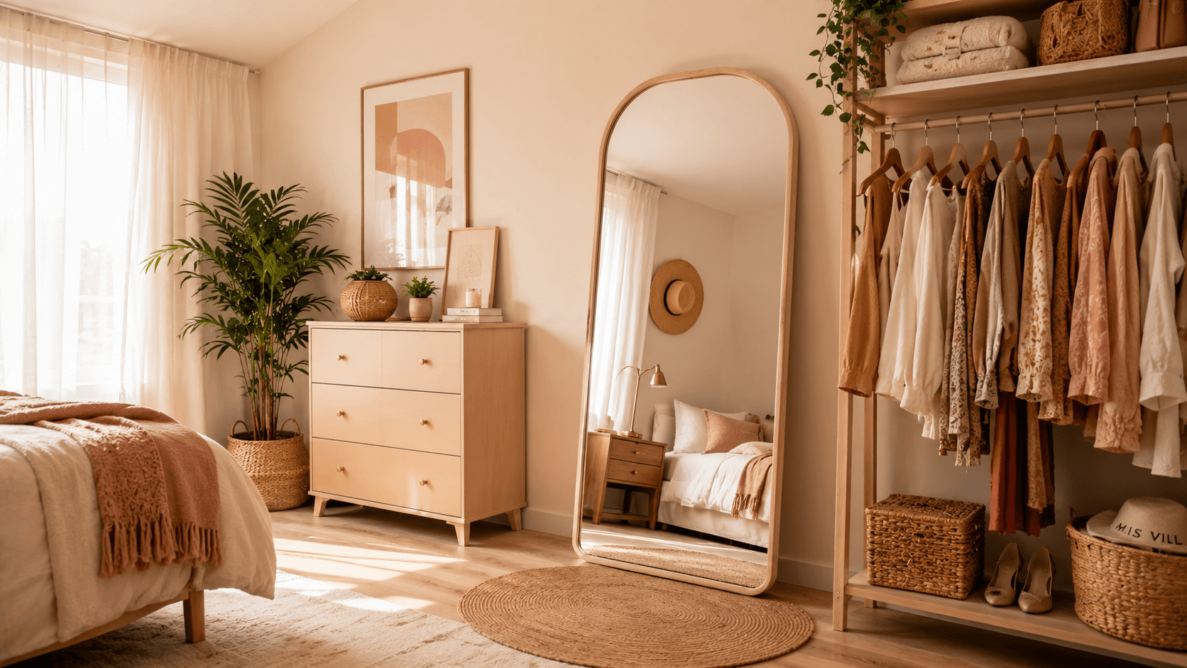 Quarto decorado com espelho de corpo inteiro apoiado na parede com moldura arredondada