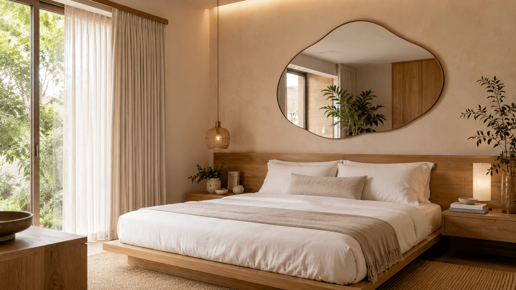 Quarto moderno com espelho orgânico de forma irregular na parede