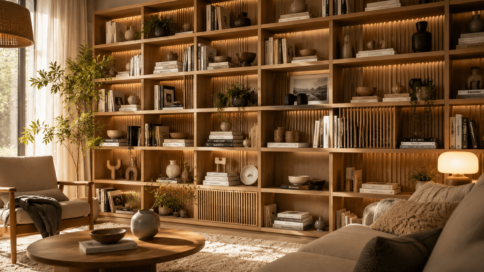 Estante de parede com livros e objetos decorativos funcionando como difusor acústico natural