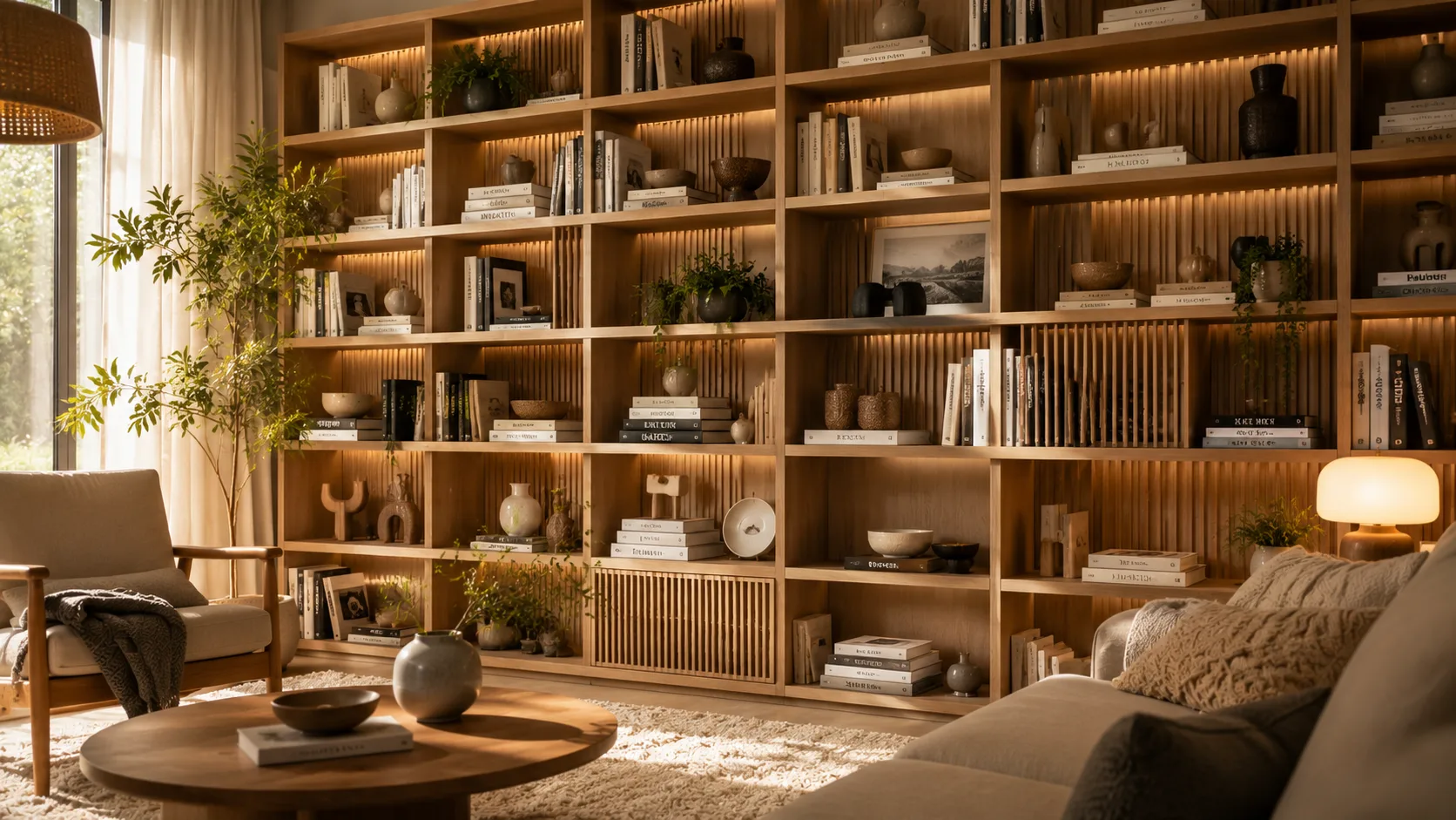 Estante de parede com livros e objetos decorativos funcionando como difusor acústico natural