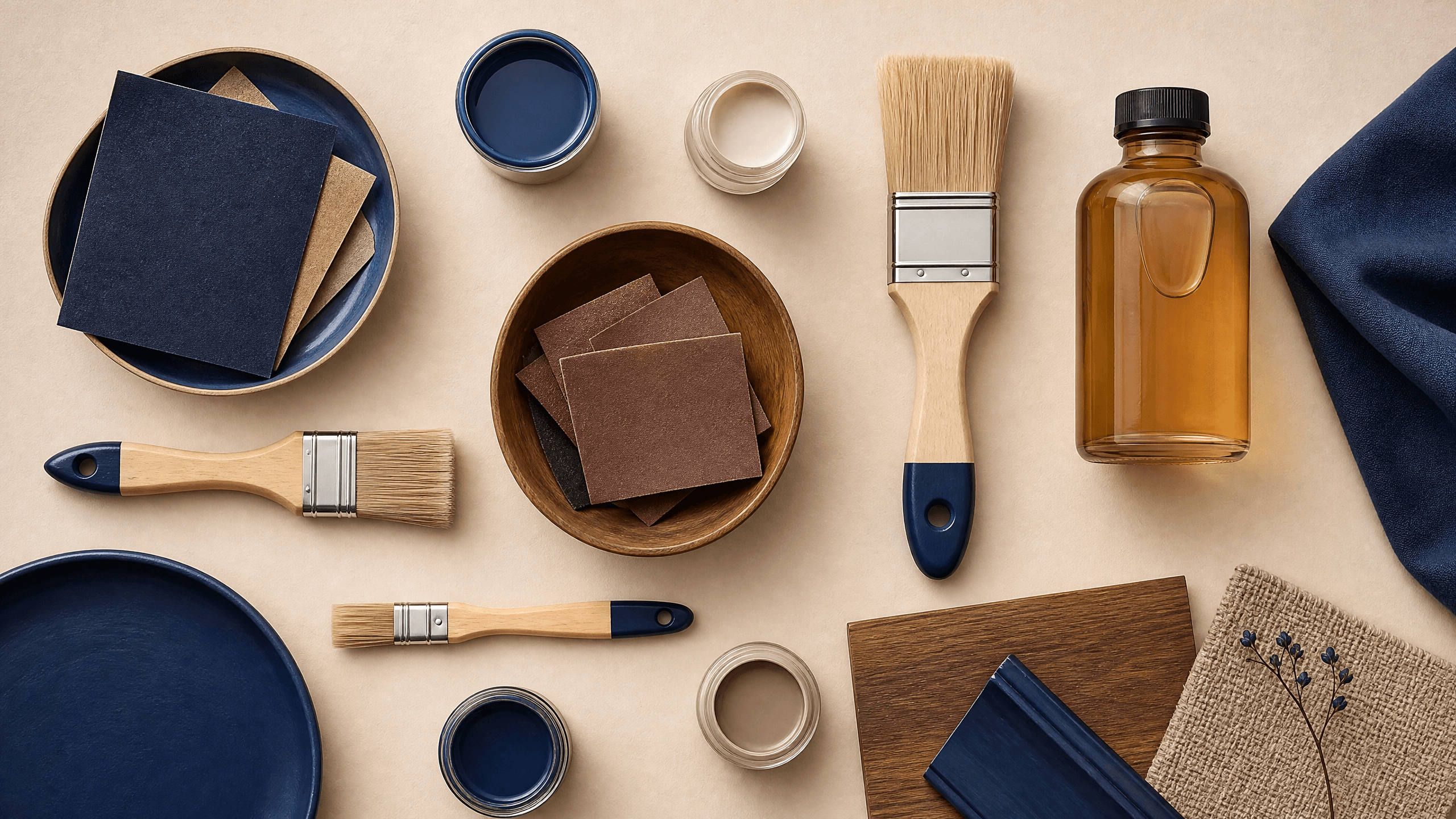Flat lay com ferramentas e materiais para reforma de móveis: lixas, pincéis, vernizes e tintas