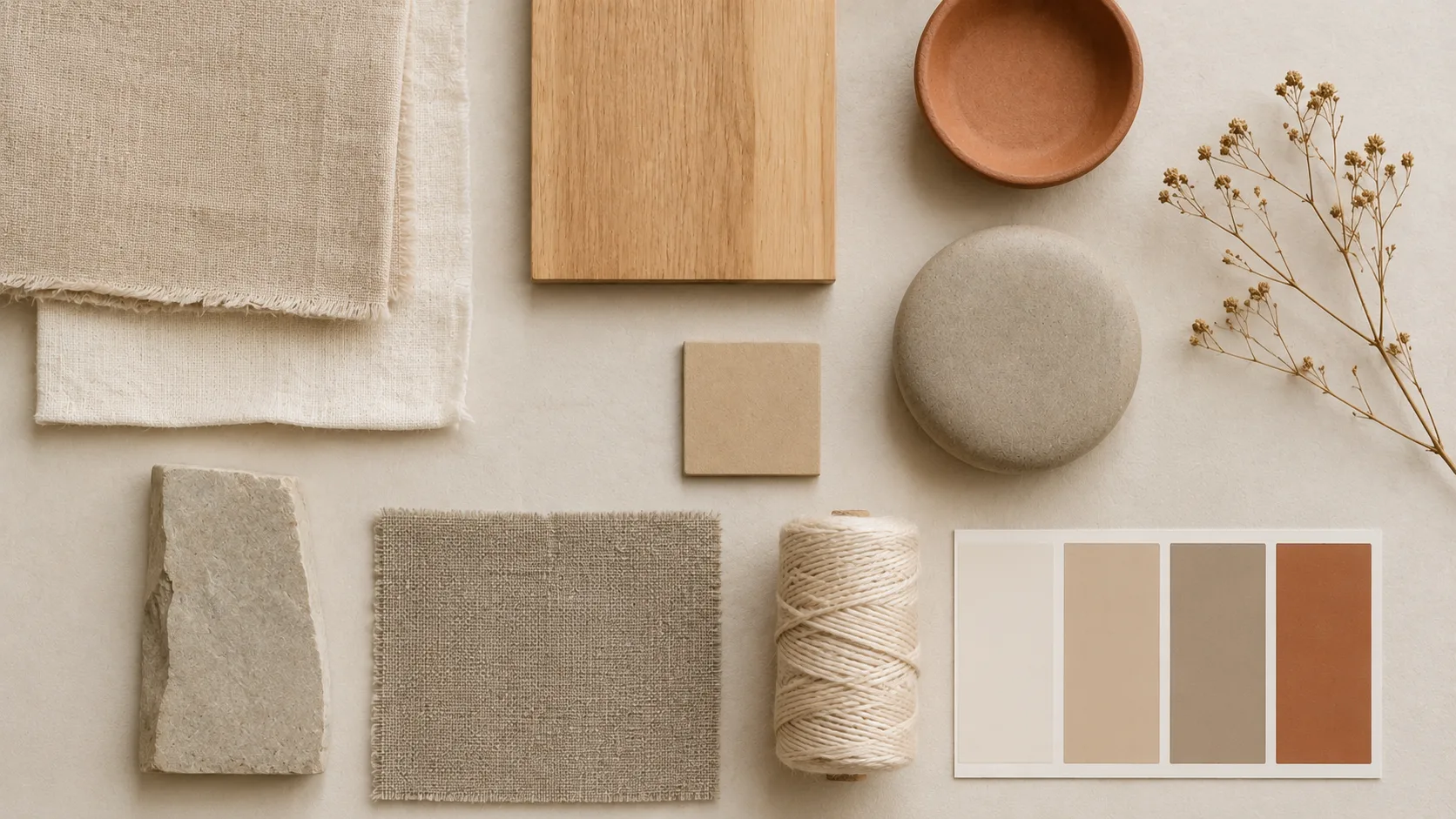 Flat lay com amostras de materiais naturais em tons neutros de bege e areia representando a paleta de cores do estilo Japandi