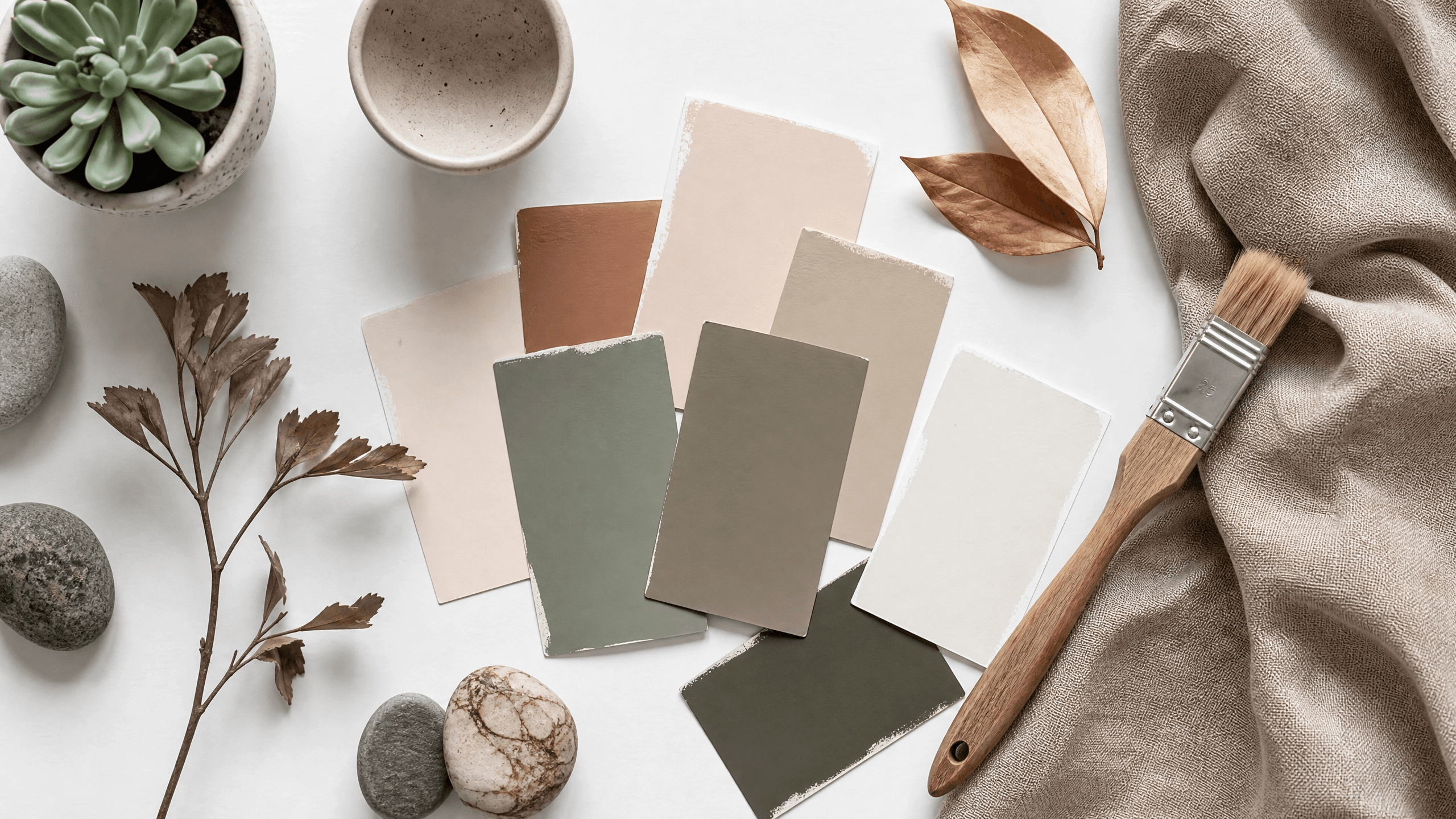 Flat lay com amostras de tinta, plantas e tecidos — paleta de cores para decoração de interiores