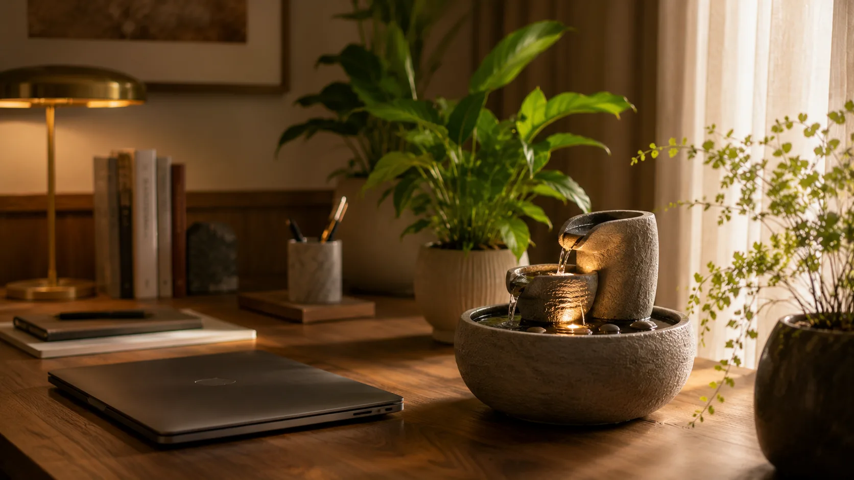 Fonte de água decorativa em pedra sobre bancada — sons positivos na decoração acústica para ambientes