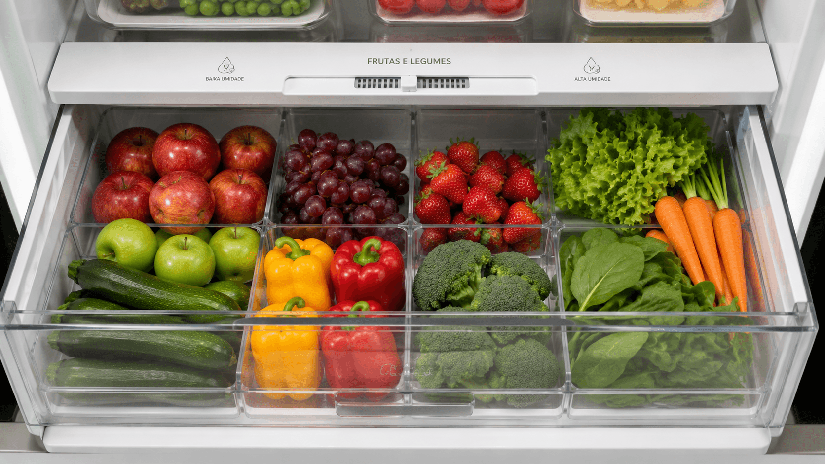 Gaveta de frutas e legumes da geladeira organizada com divisórias e produtos frescos separados