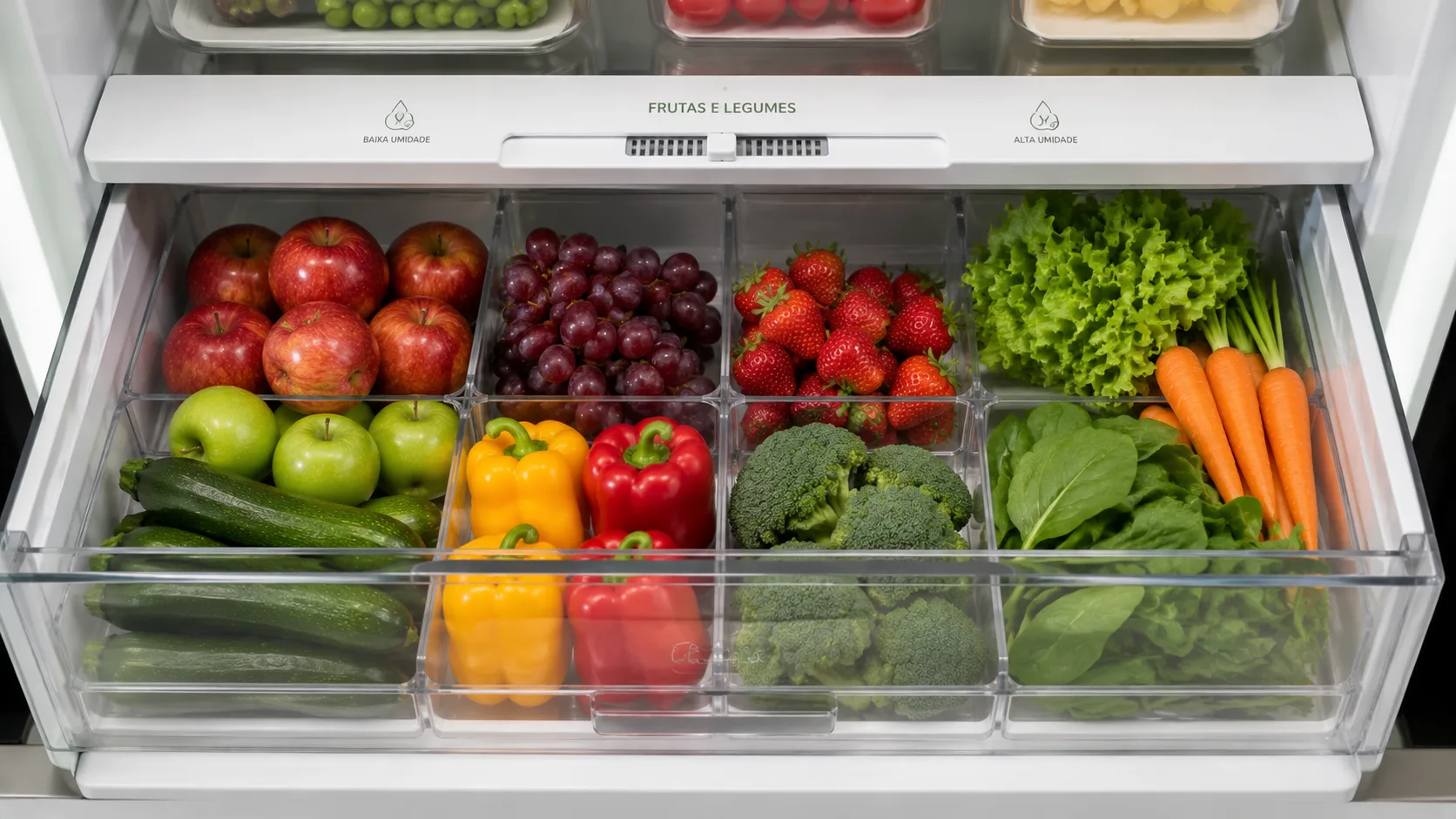 Gaveta de frutas e legumes com divisórias Gaveta de frutas e legumes da geladeira organizada com divisórias e produtos frescos separados