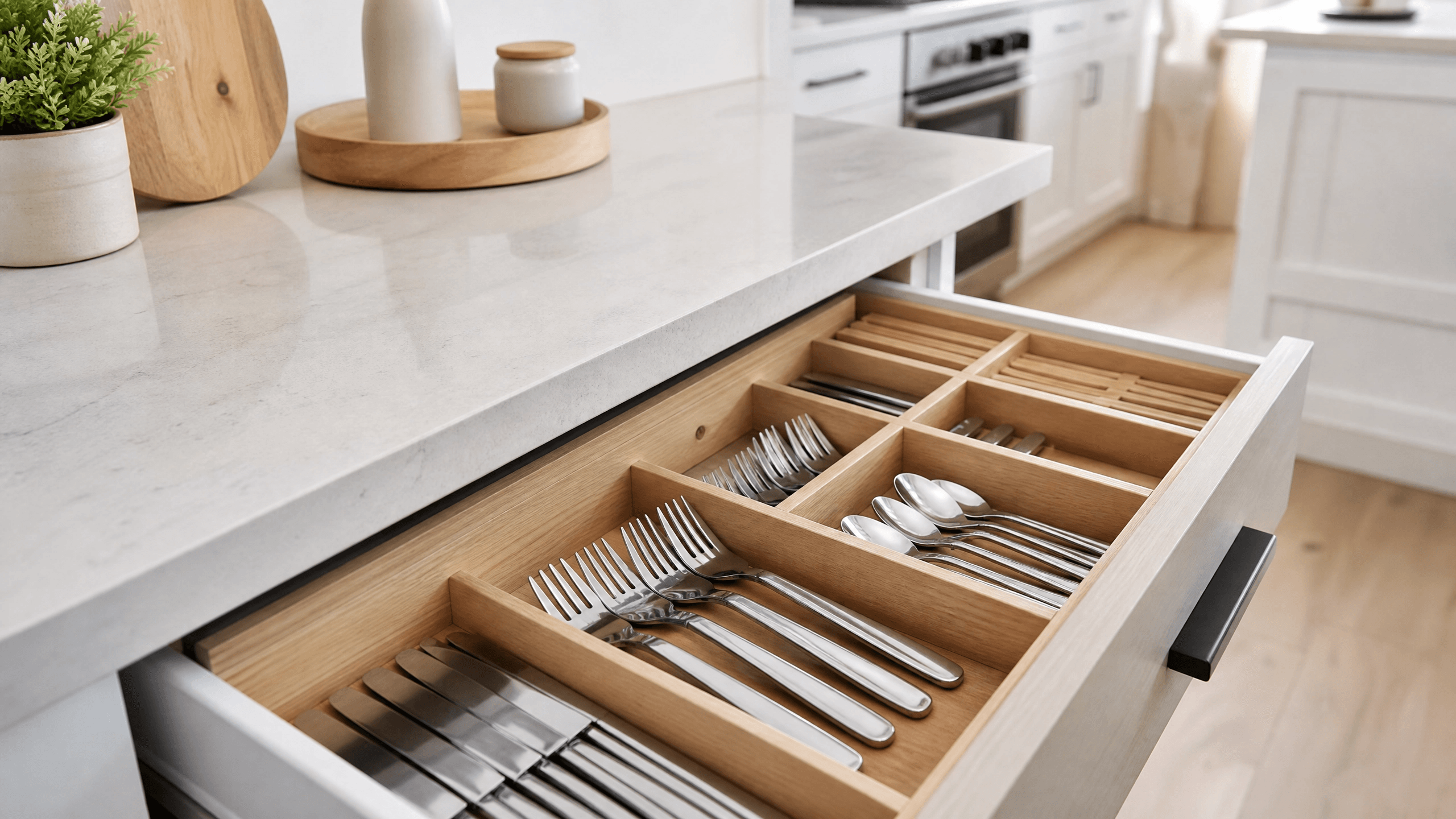 Gaveta com divisória de madeira organizando utensílios