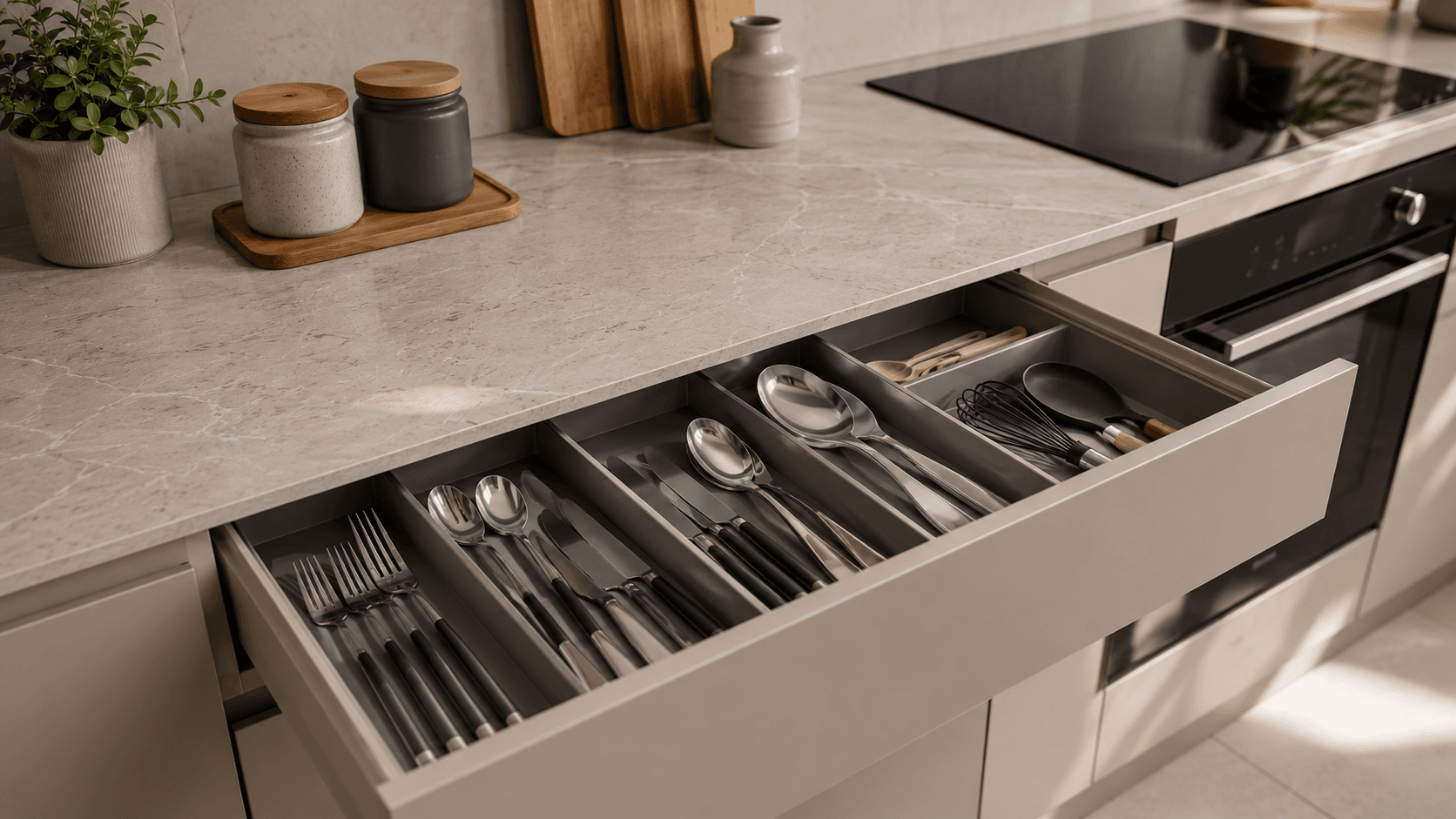 Gaveta de talheres organizada com separador modular