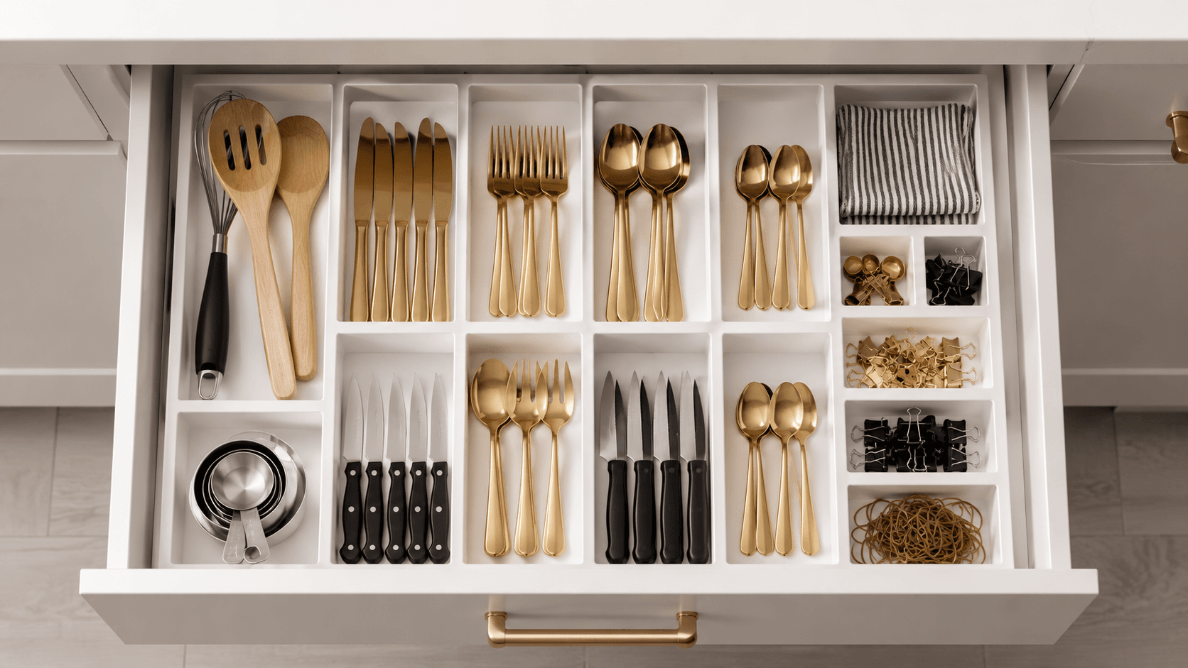 Gaveta de cozinha organizada com divisórias separando talheres e utensílios