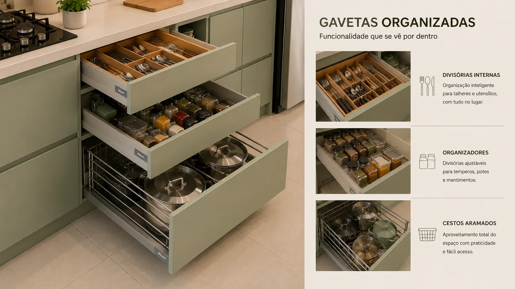 Gavetas organizadas com divisórias internas Gavetas organizadas internamente com divisórias em cozinha pequena