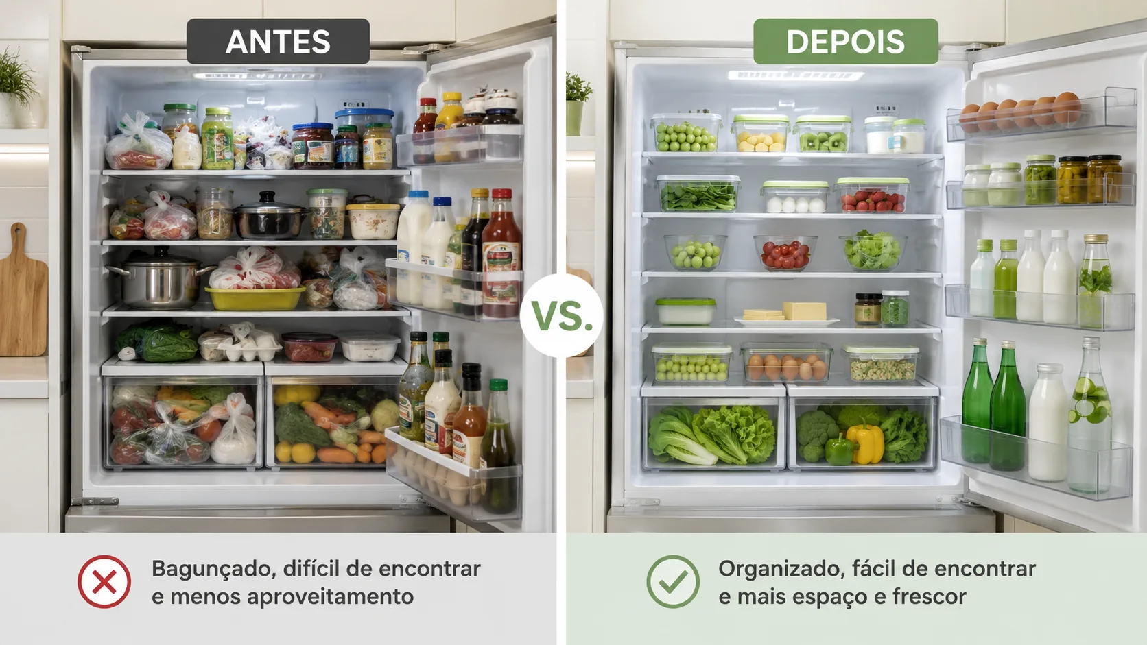 Antes e depois: geladeira organizada por zonas e prateleiras Comparativo antes e depois de geladeira desorganizada e geladeira organizada por zonas e prateleiras