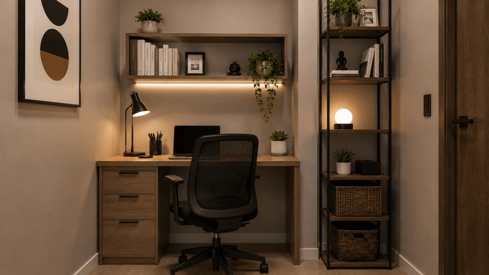 Home office compacto e bem organizado com tecnologia integrada