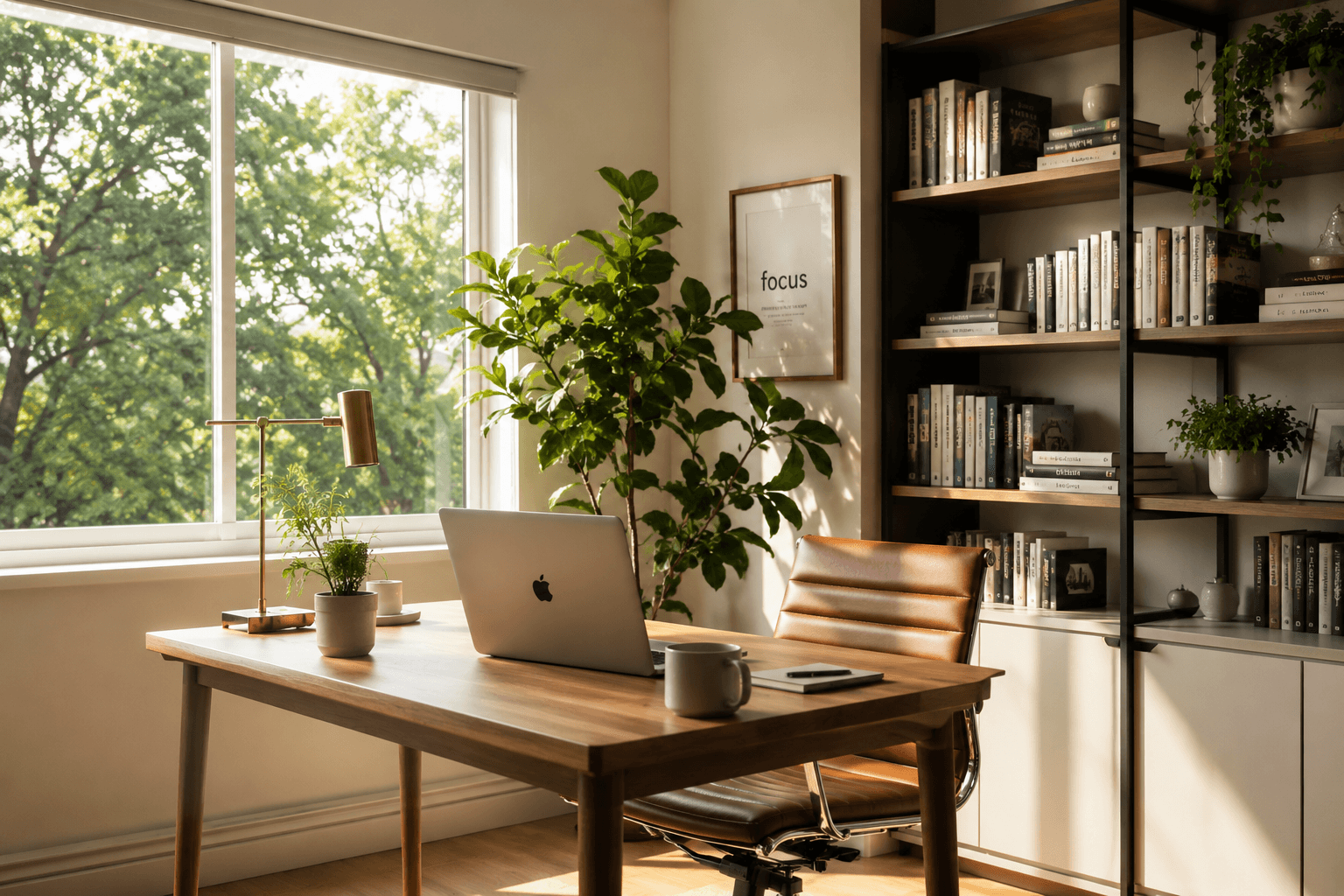 Mesa de trabalho com luz natural suave pela janela — home office produtivo e saudável