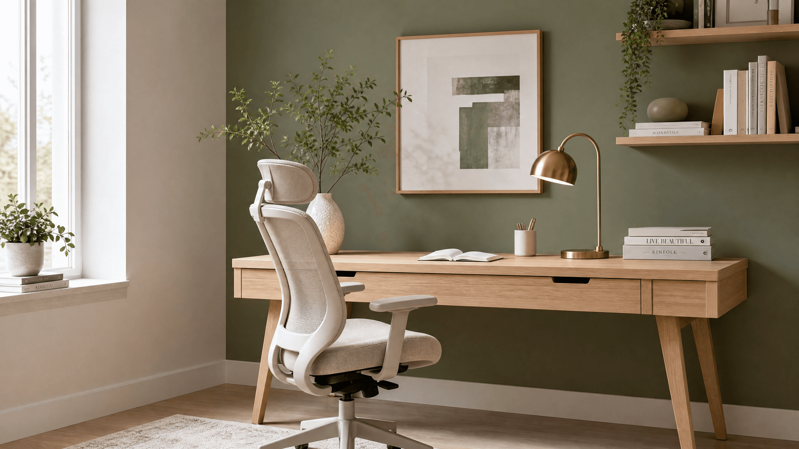 Home office minimalista com parede accent em verde sálvia — cores para concentração e produtividade
