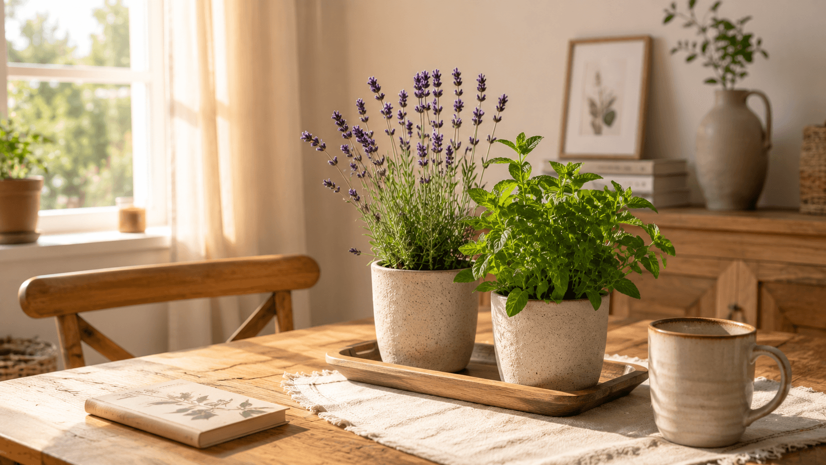 Plantas que Purificam o Ar: as Melhores para Cada Cômodo da Casa lavanda e hortelã em vasos decorativos sobre mesa purificando e aromatizando o ambiente