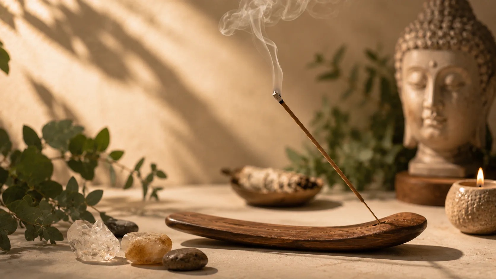 Incenso natural aceso em suporte artesanal de madeira com fumaça suave, pedras e folhas — atmosfera meditativa