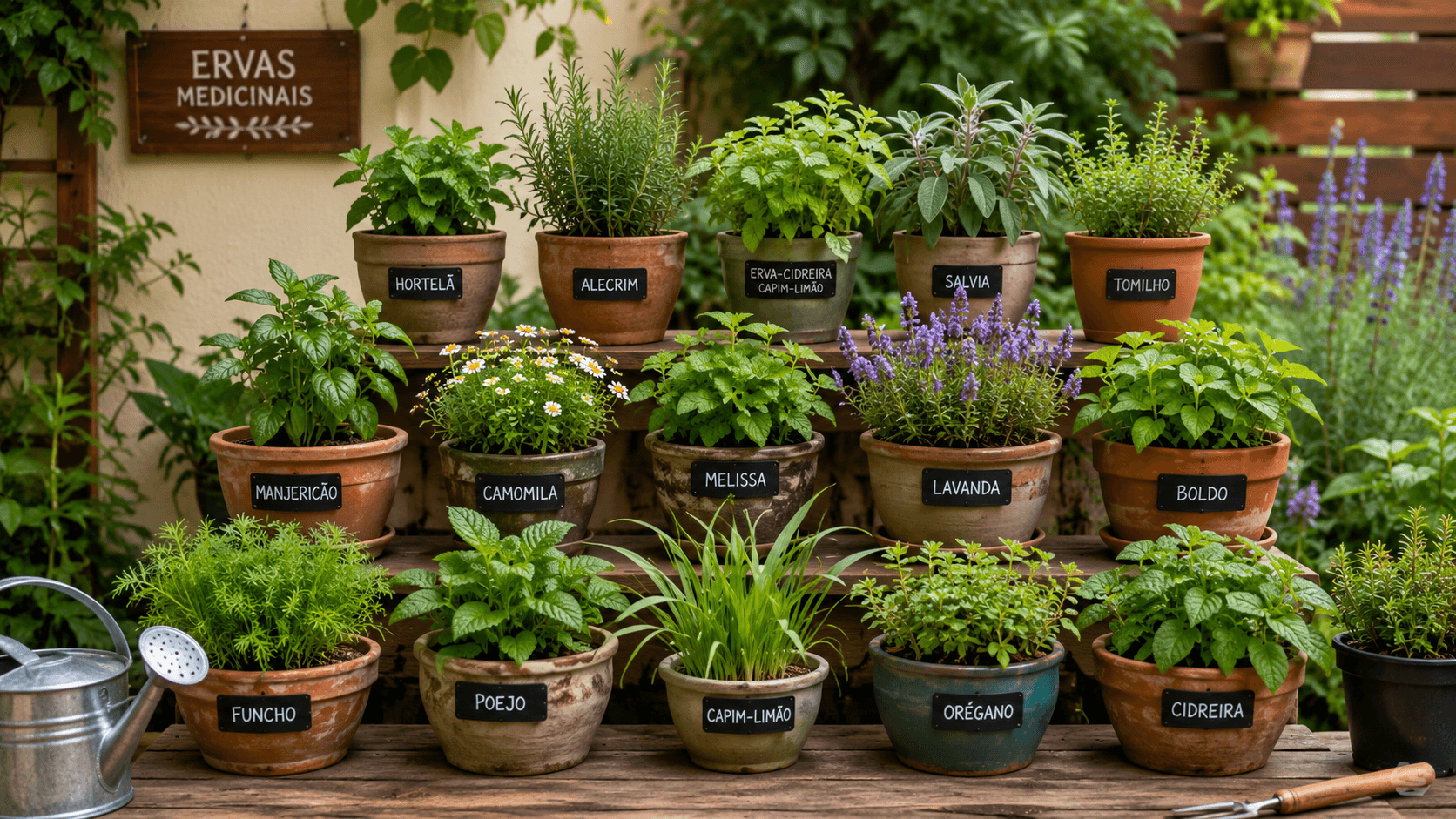 Jardim de ervas medicinais — organização e beleza natural Jardim organizado com diversas ervas medicinais em vasos ao ar livre