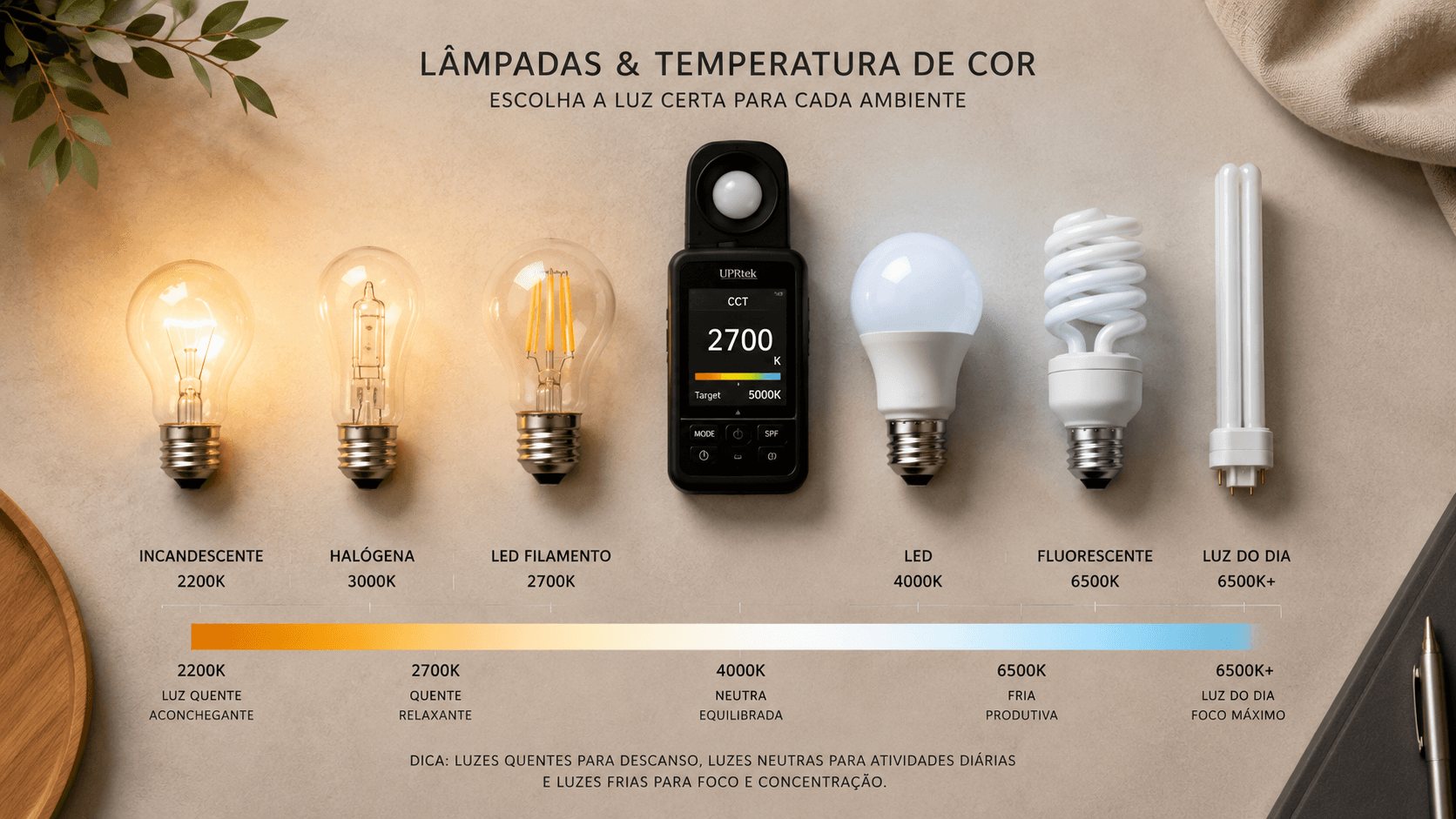 Diferentes tipos de lâmpadas e suas temperaturas de cor — guia de iluminação para decoração consciente