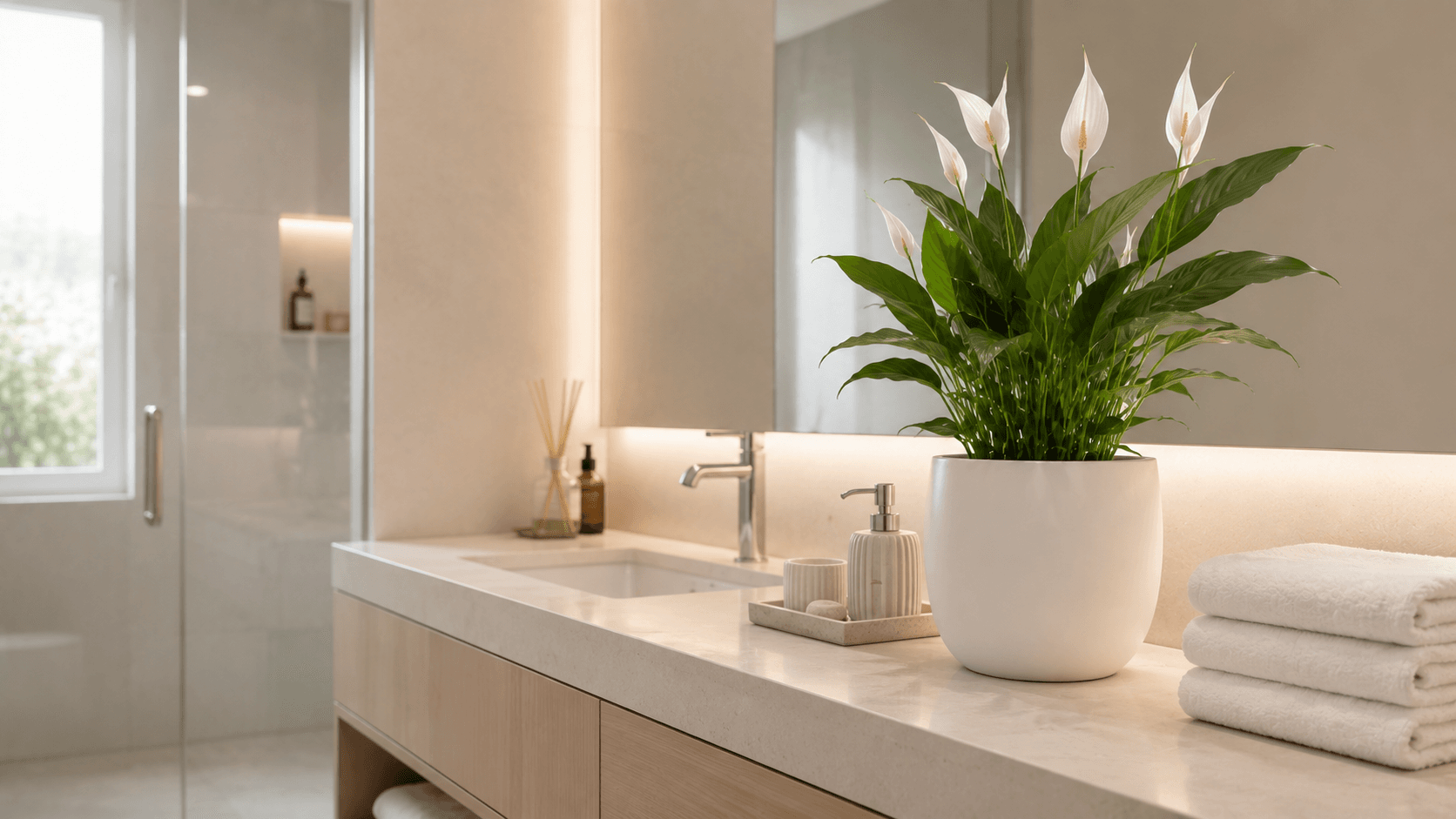 Plantas que Purificam o Ar: as Melhores para Cada Cômodo da Casa lírio-da-paz em vaso branco no banheiro purificando o ar