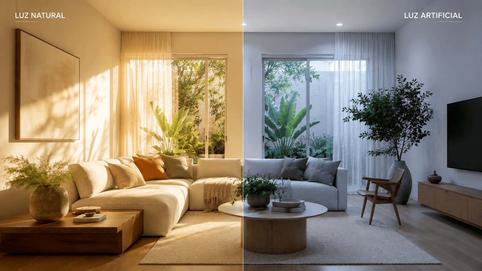 Comparação entre luz natural quente e luz artificial fria no mesmo ambiente — impacto no bem-estar