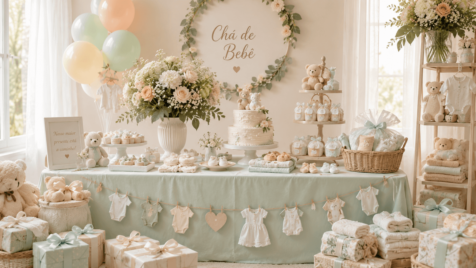 Organização do Armário do Bebê: Guia Completo Antes e Depois do Chá de Bebê Mesa decorada de chá de bebê com presentes e flores delicadas