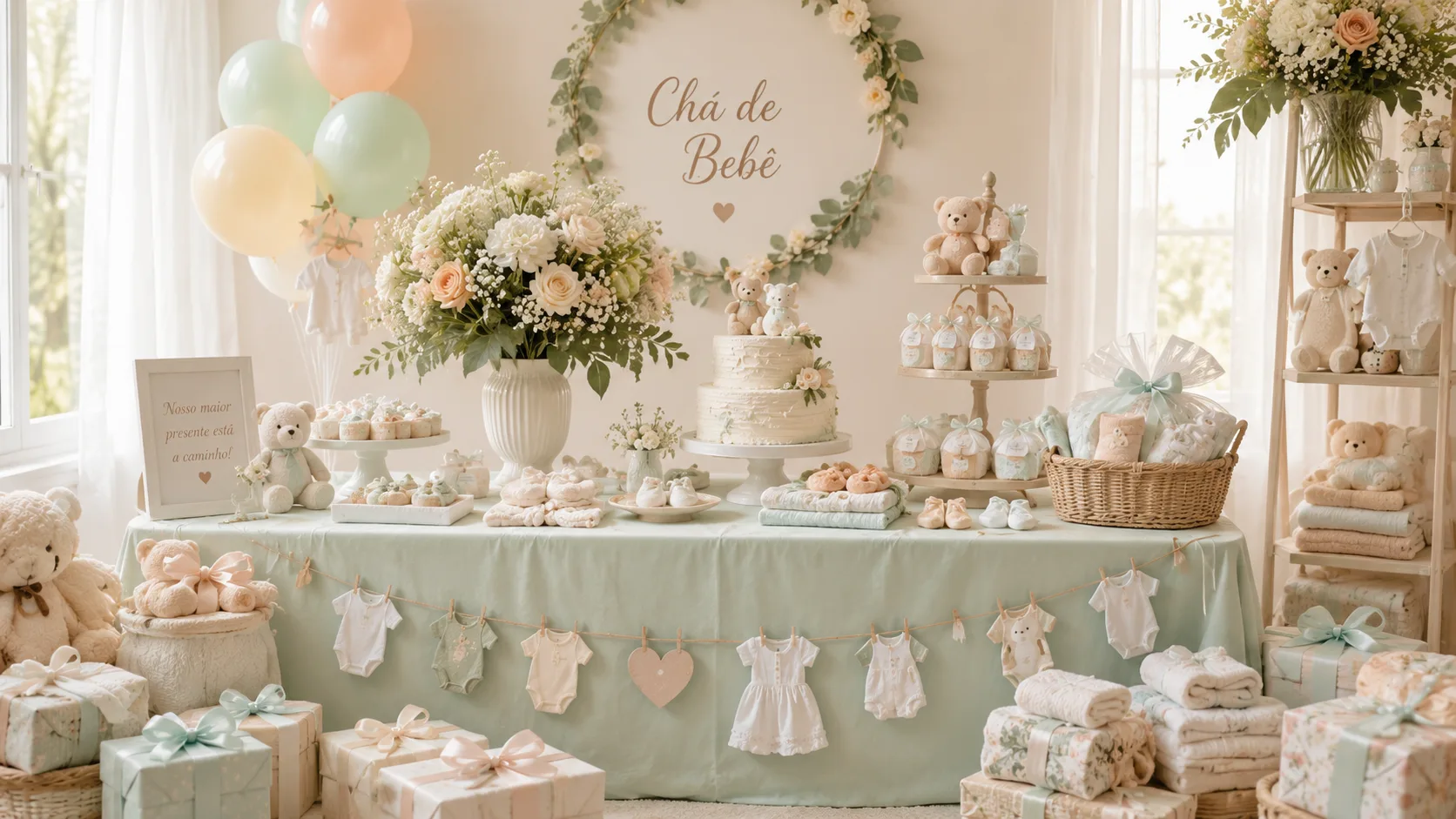 Organização do Armário do Bebê: Guia Completo Antes e Depois do Chá de Bebê Mesa decorada de chá de bebê com presentes e flores delicadas