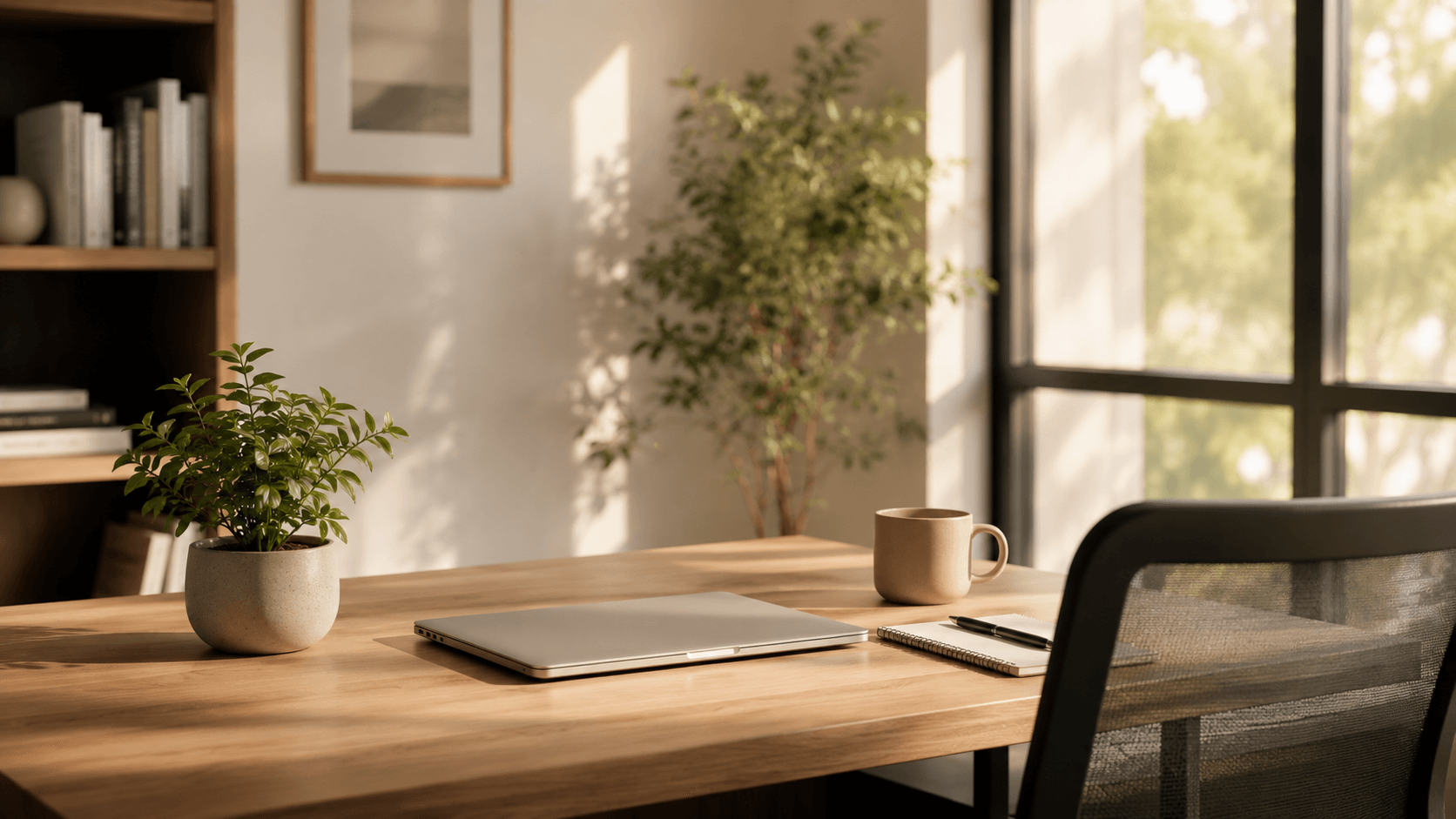 Mesa de home office limpa e organizada com poucos objetos e planta — produtividade e saúde mental