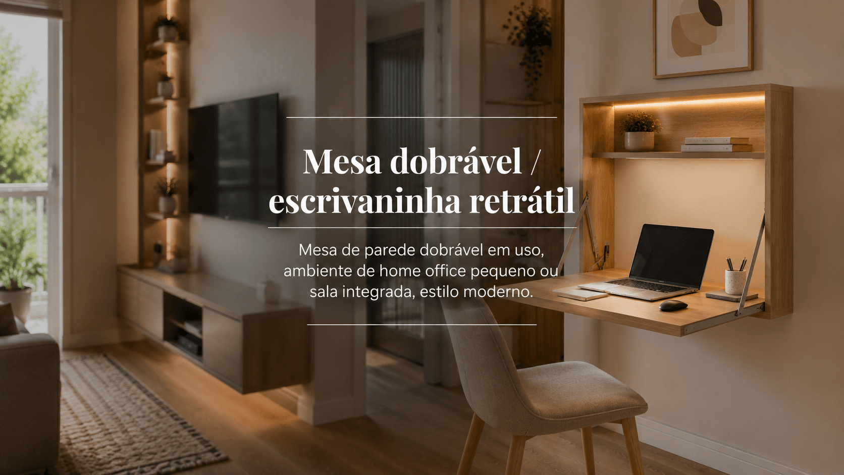 Mesa escrivaninha dobrável de parede para home office em apartamento pequeno