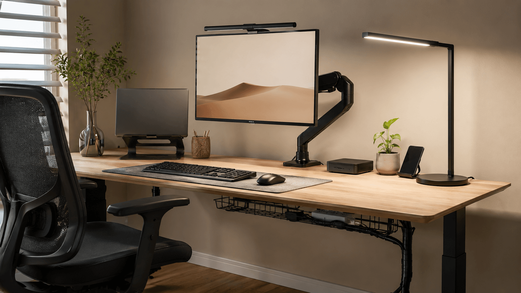 Mesa de home office bem posicionada com luz natural