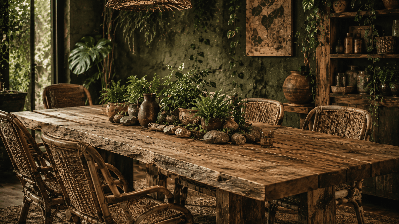 Ecopunk na Decoração: Sustentabilidade Radical para Transformar sua Casa em 2026 Mesa rústica de madeira maciça com cadeiras de rattan e centro de mesa com plantas naturais e pedras no estilo Ecopunk
