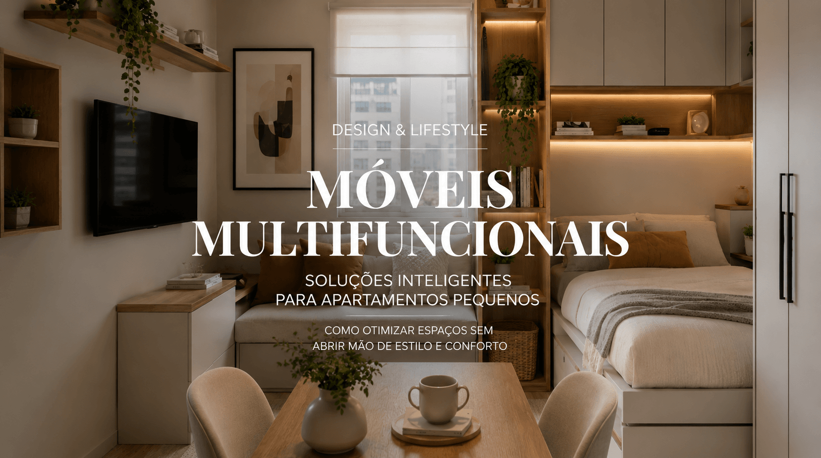 Apartamento pequeno decorado com móveis multifuncionais modernos em tons neutros, estilo revista de decoração