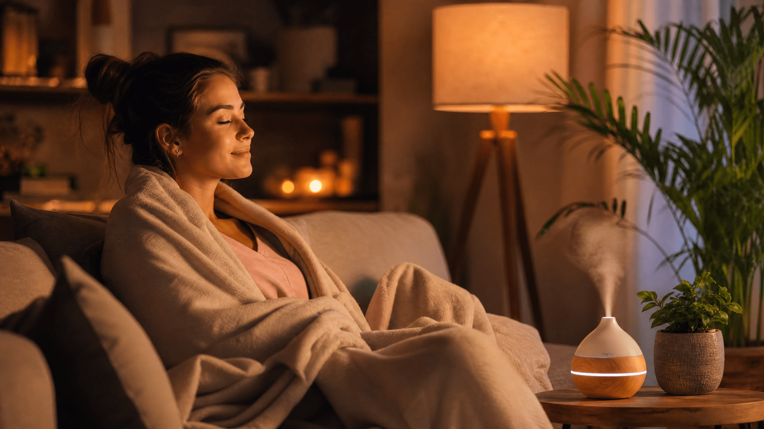 Mulher relaxando em ambiente com luz quente e planta