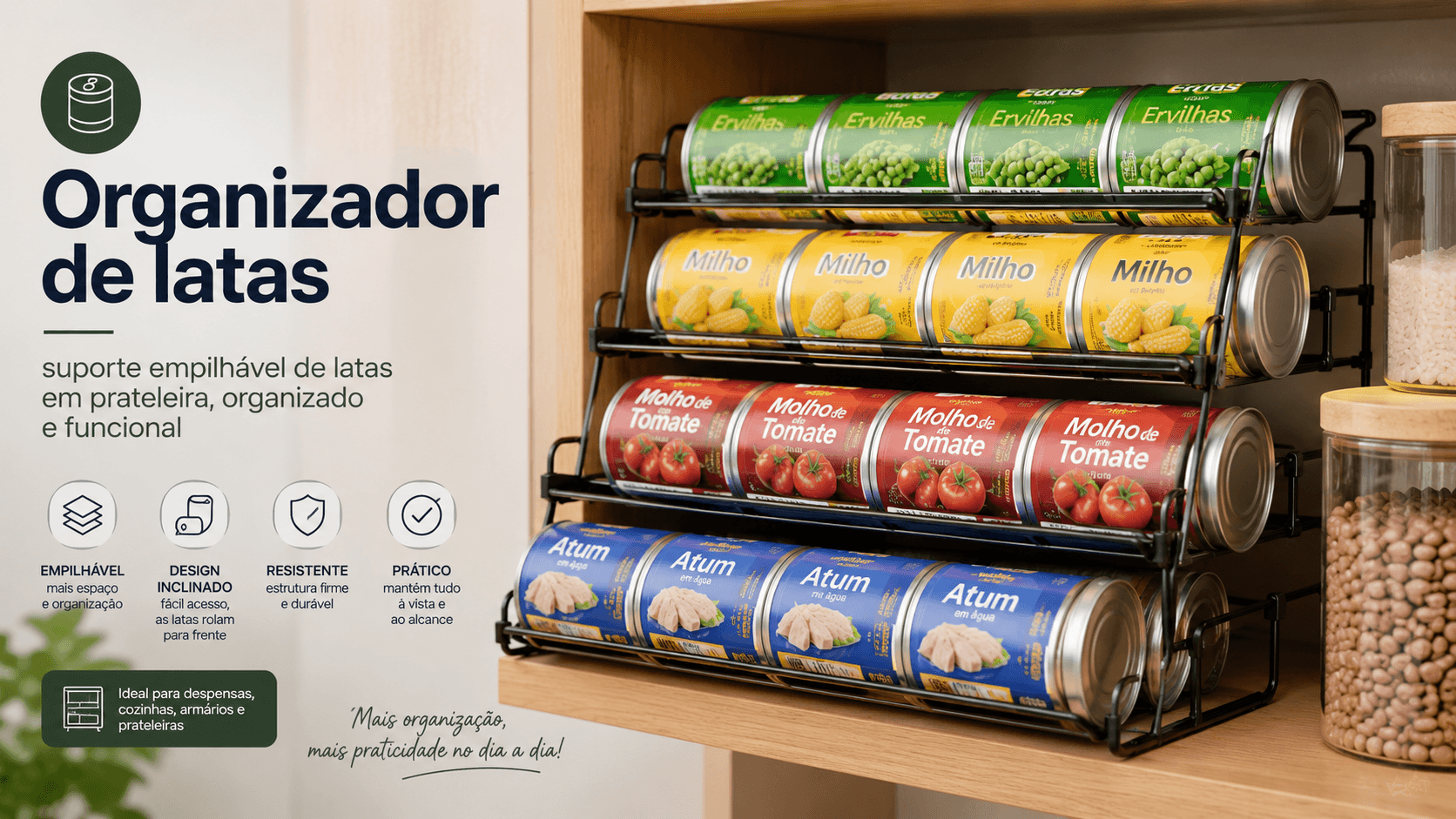Organizador empilhável de latas em prateleira de despensa organizada