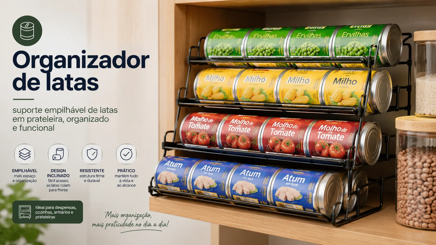 Organizador empilhável de latas na despensa Organizador empilhável de latas em prateleira de despensa organizada