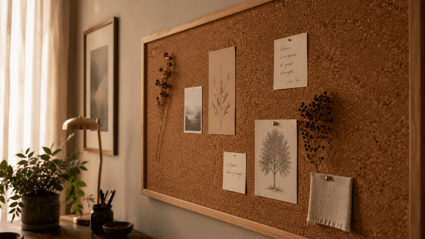 Painel decorativo de cortiça natural na parede — absorção acústica com textura orgânica