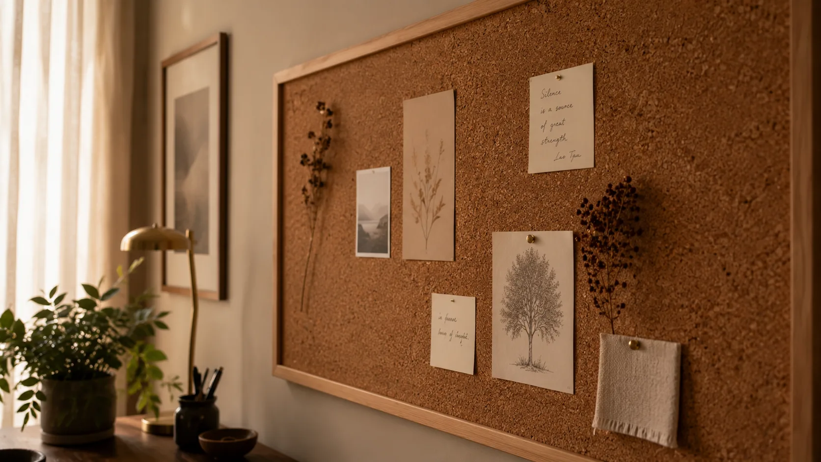 Painel decorativo de cortiça natural na parede — absorção acústica com textura orgânica